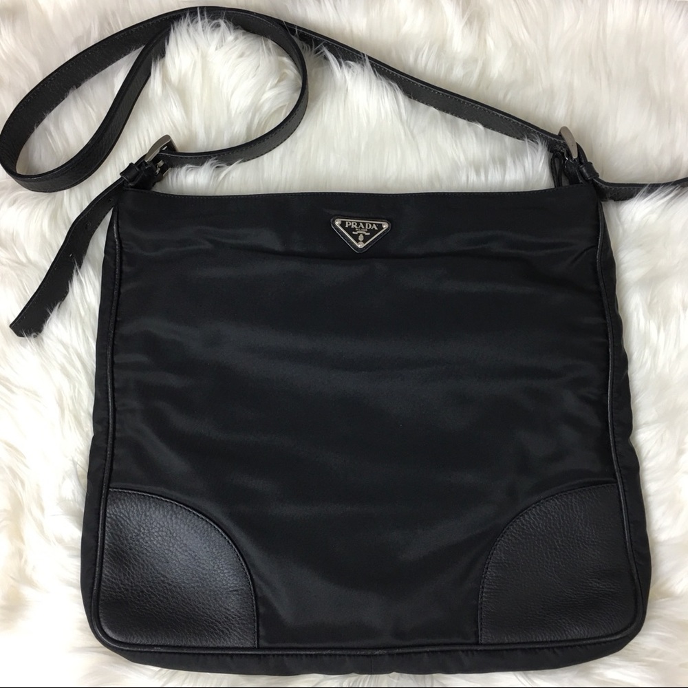 Prada Large Nylon Leather Trimmed Crossbody Bag